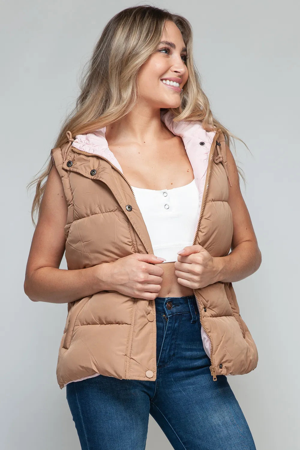 Stylish Snap And Zip Closure Hooded Vest