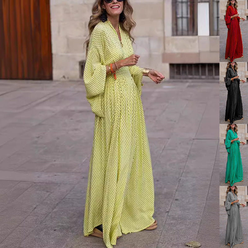 Geometric Pattern V-neck Bat Sleeve Maxi  Dress