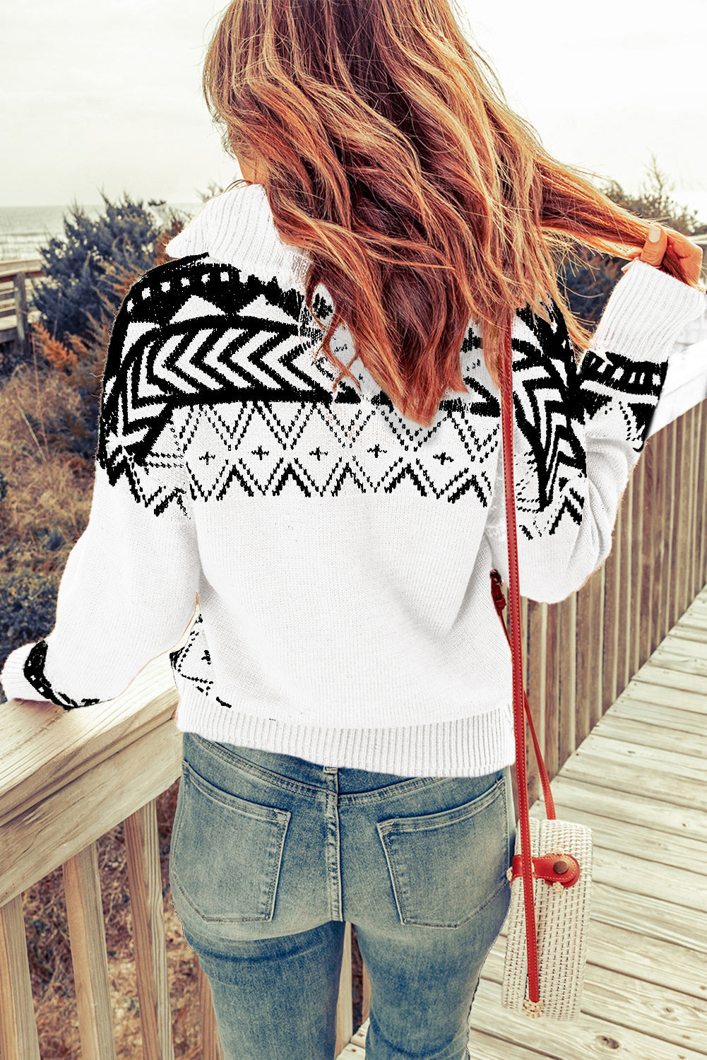 Border Art Design  Zip-Up Mock Neck Dropped Shoulder Pullover Sweater