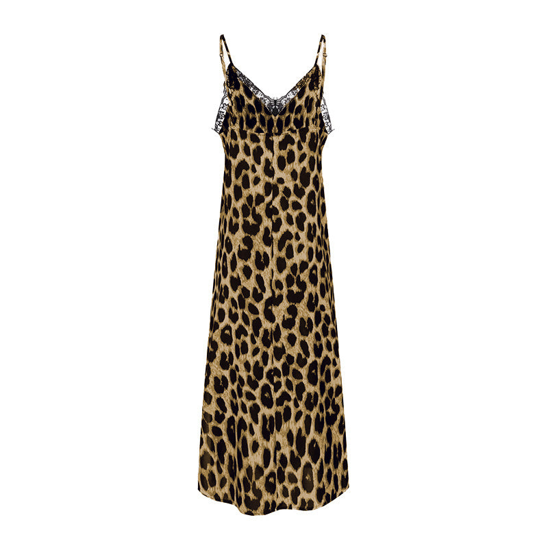 Retro Girl Lace Detail Leopard Print Maxi Dress