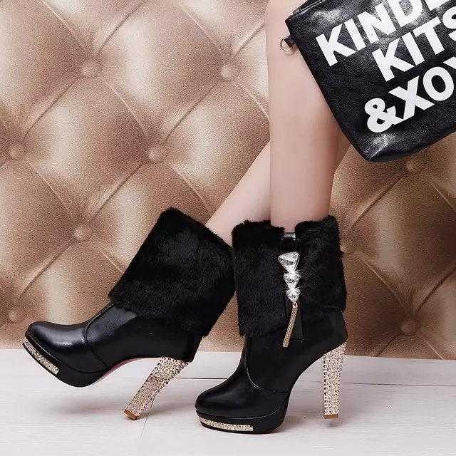 Bold Lady Chunky High Heel Faux Fur Ankle Boots