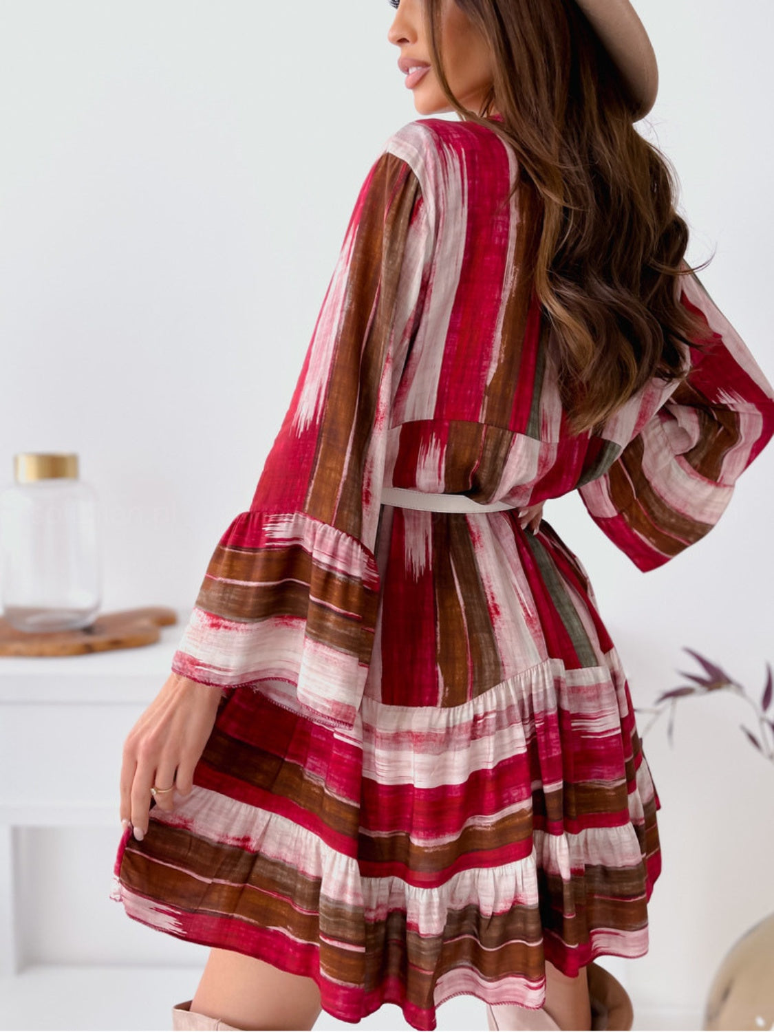 Vibrant Striped Buttoned Mini Dress with  Long Sleeves