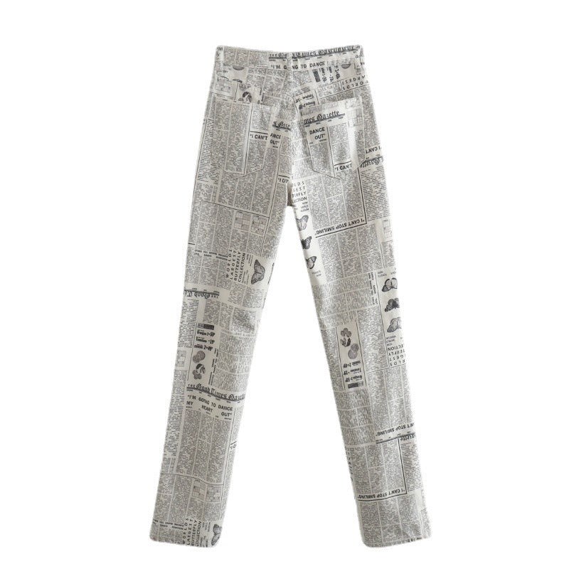 Text Print High Wais Slim Fit Straight Patchwork Pants