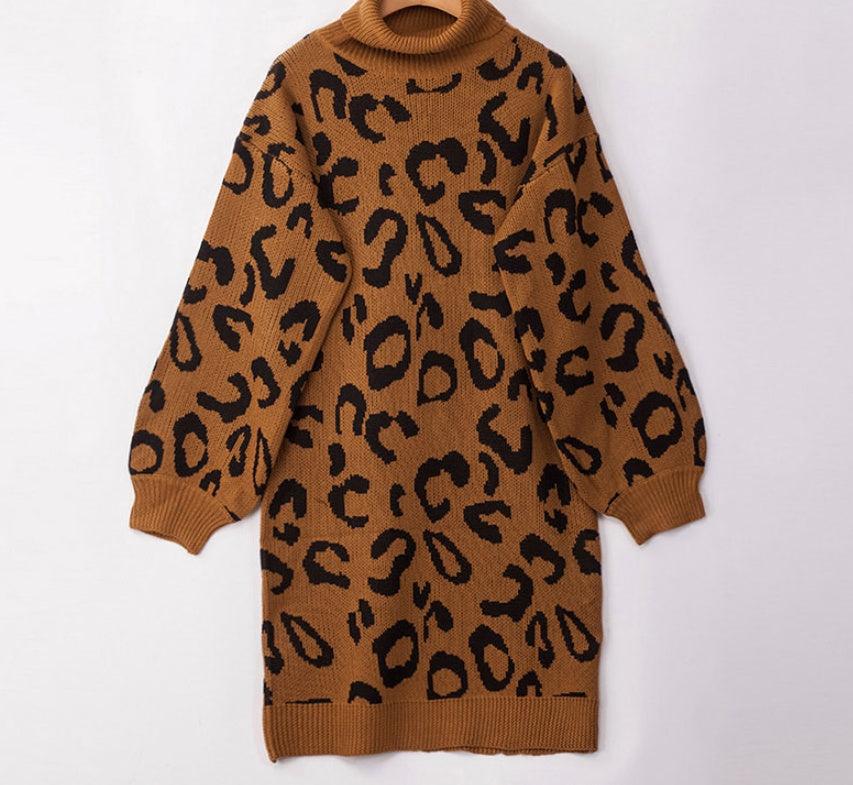 So Cozy Turtleneck Leopard Print Sweater Dress