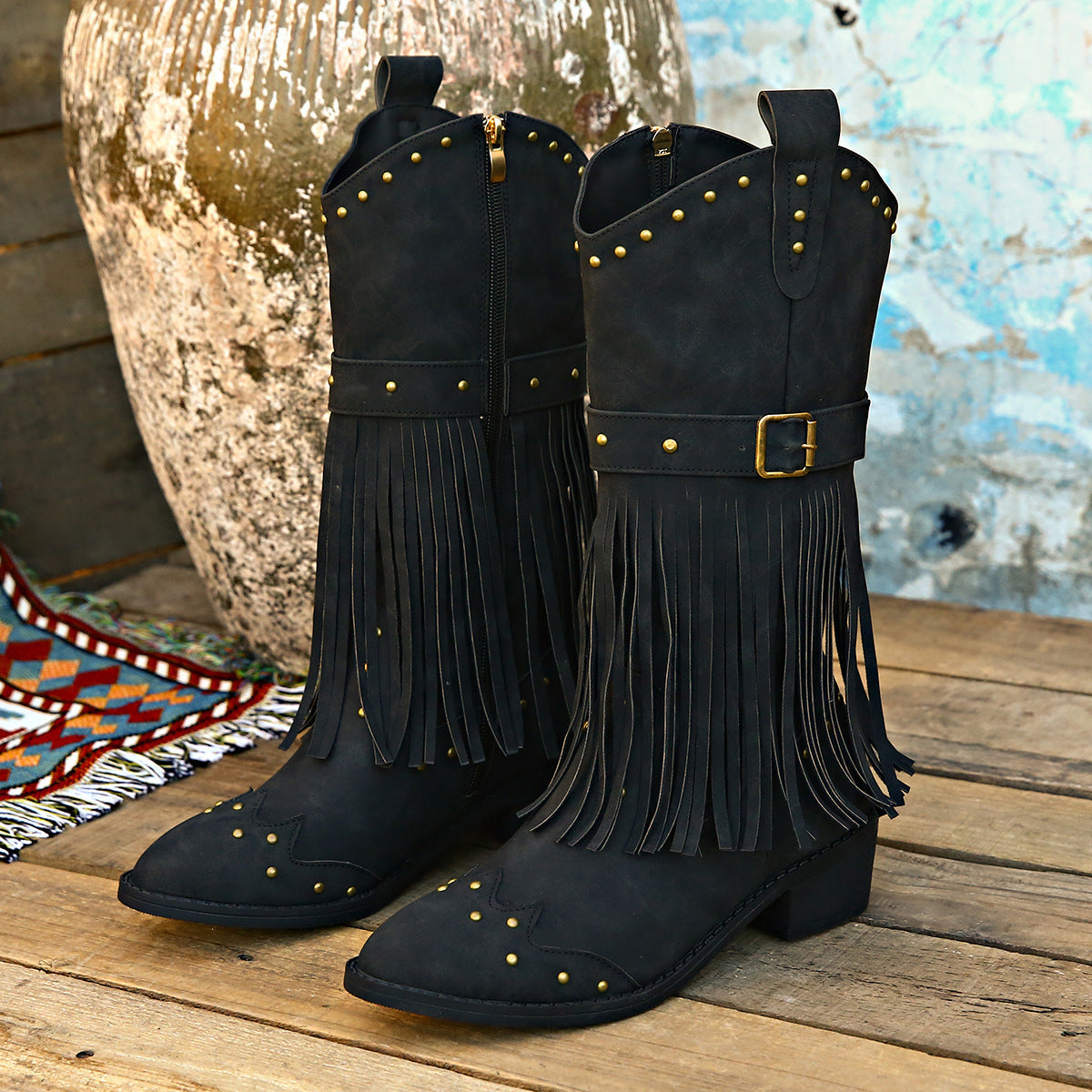 Retro Tassel Rivet Strap Buckle Cowgirl Boots