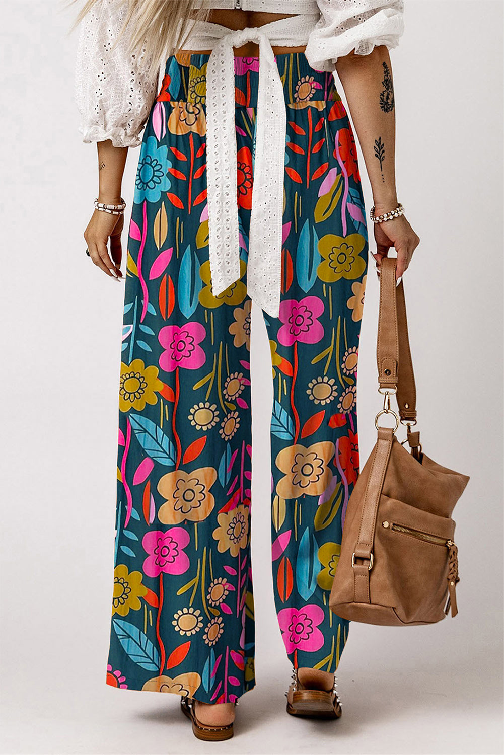 Flower Printed High Waist Wide Leg Pants