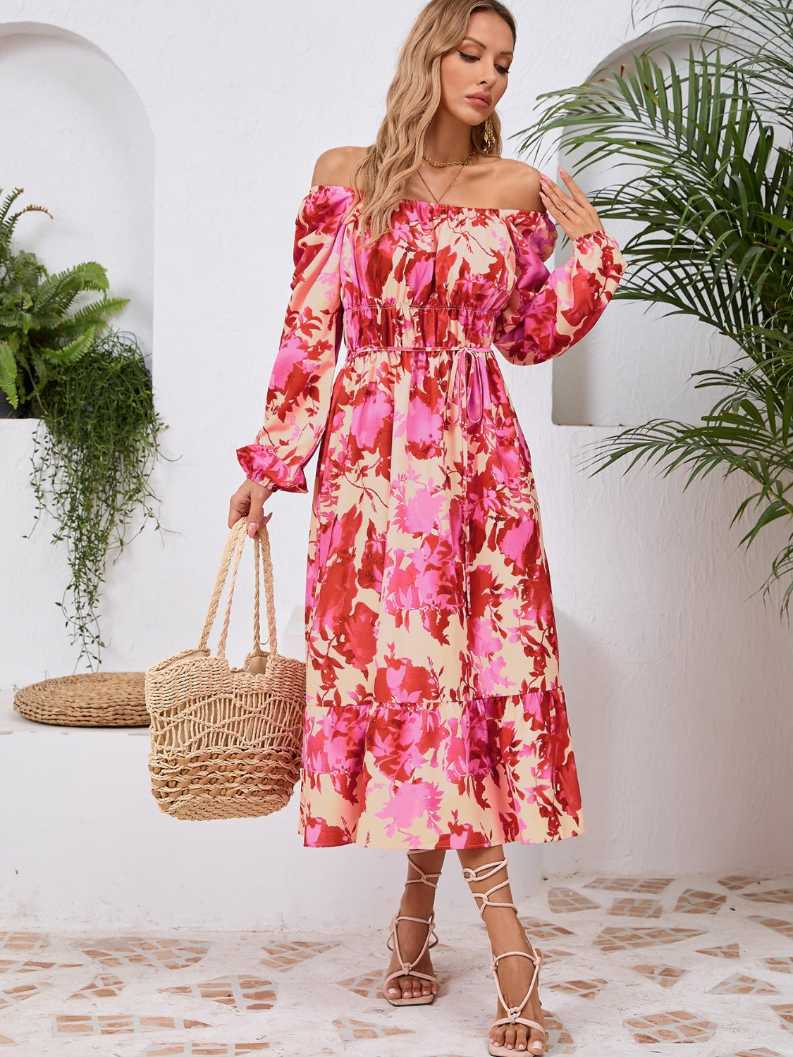 Happy Boho Printed Midi Dress with Long Sleeve