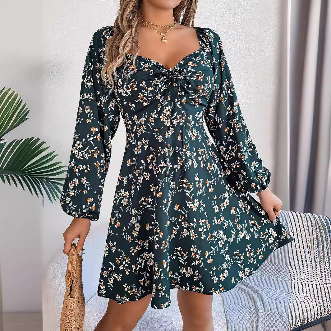 Chiffon Floral Print Short Square Neck  Dress with Long Lantern  Sleeve