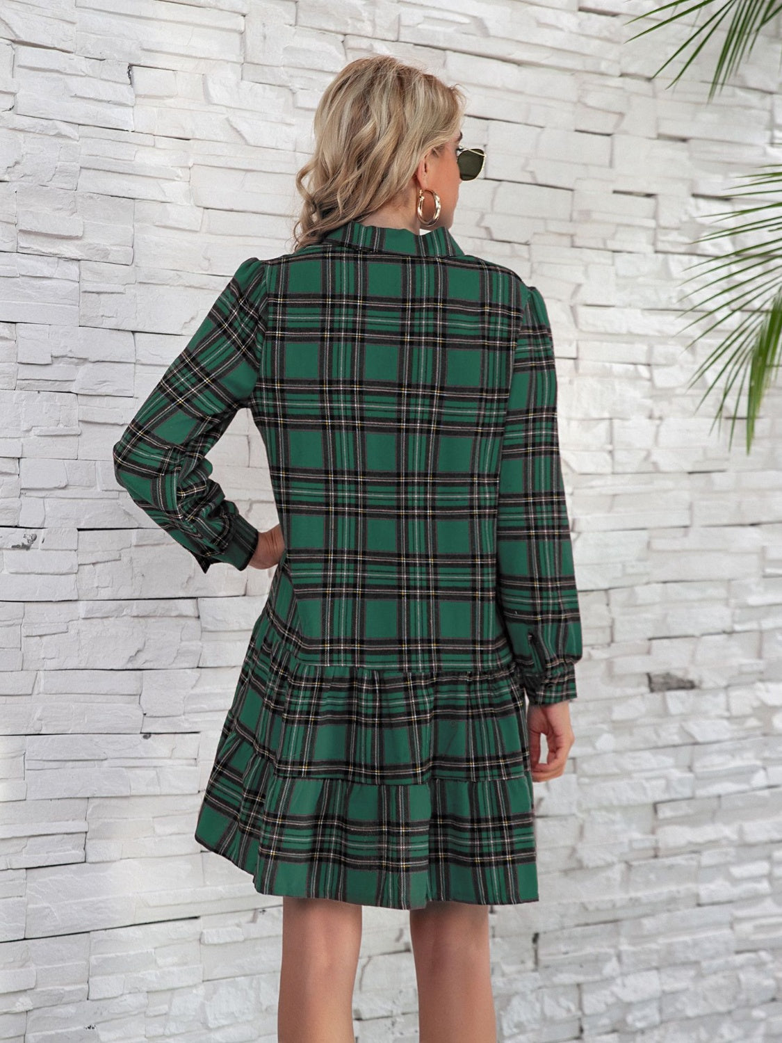 Shirt Style Checkered Plaid Button Down  Ruffle Hem  Dress with  Long Sleeve