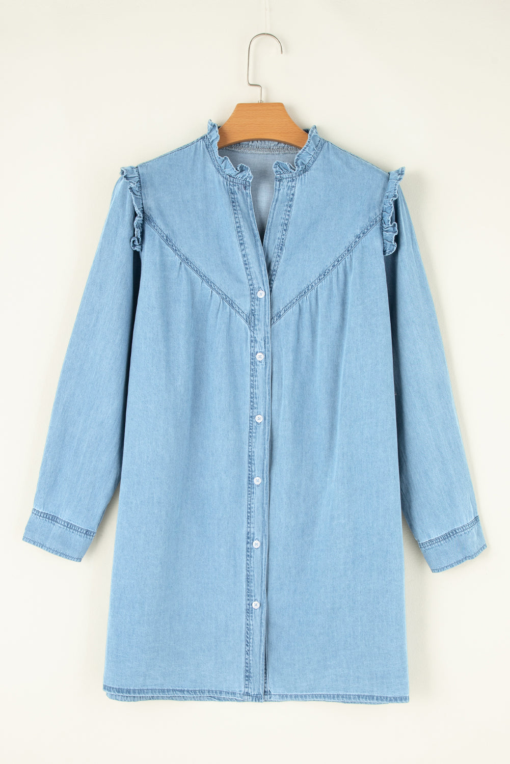 Sky Blue Classic Style Button Up Denim Dress with Long Sleeve