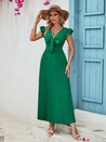 Sea Blue Mall Angelic Aura Tied Ruffled V-Neck Pleated Dress elegant green dress Hanny maxi  dress Pleated dress Pleated Dress Success ruffled pleated dress Ruffled V-Neck SeaBlueMall.com