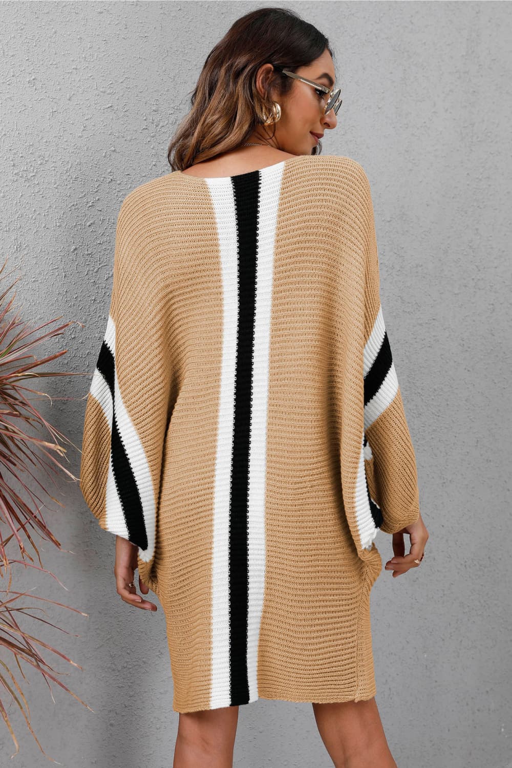 Chic  Ribbed  Sweater Dress with Round Neck & Long Dolman Sleeves