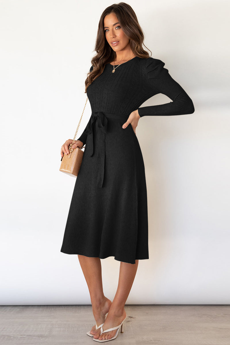 Round Neck Long Sleeve Tie Waist Midi Sweater Dress