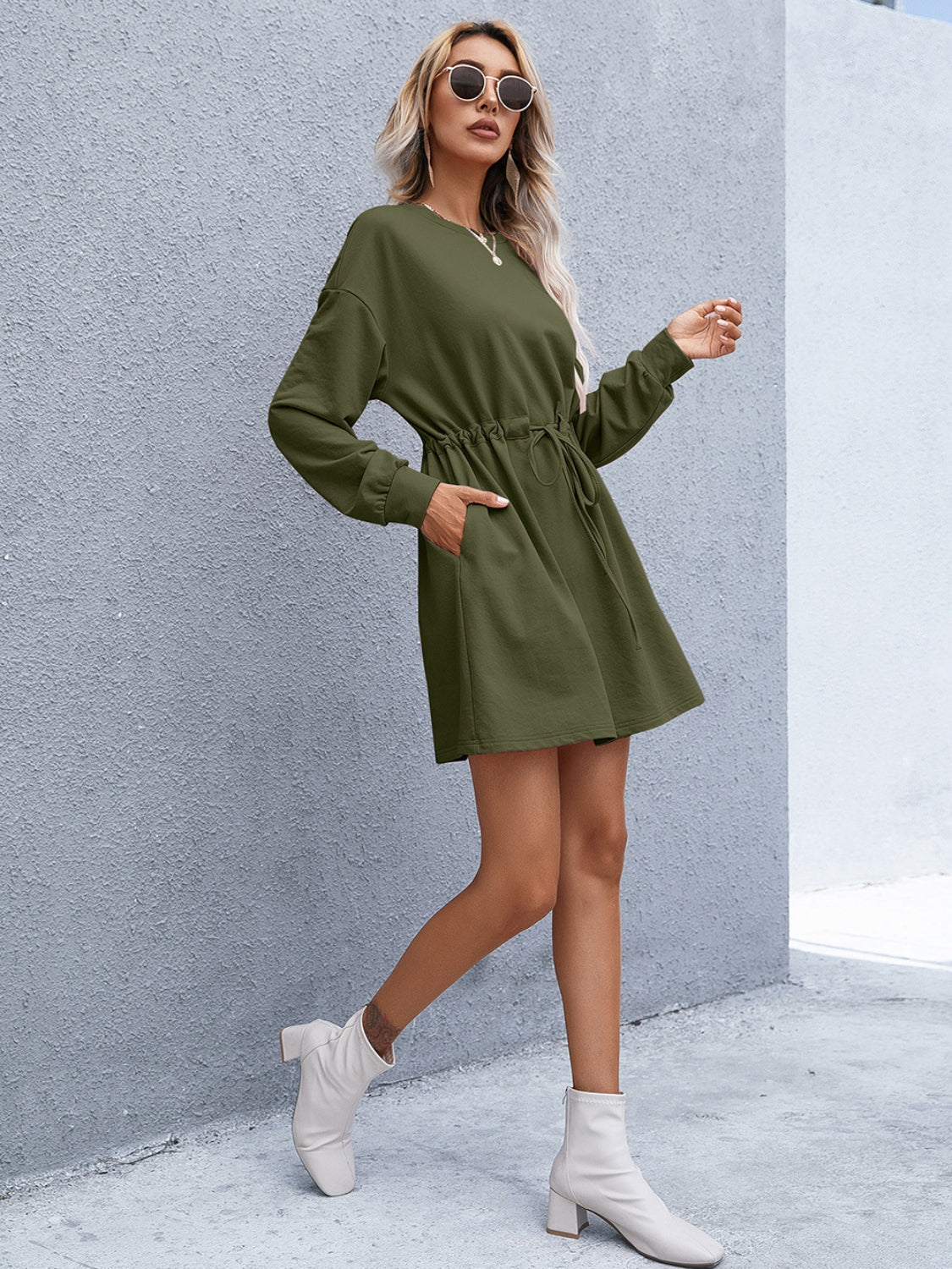 Drawstring Round Neck Dropped Shoulder Mini Dress