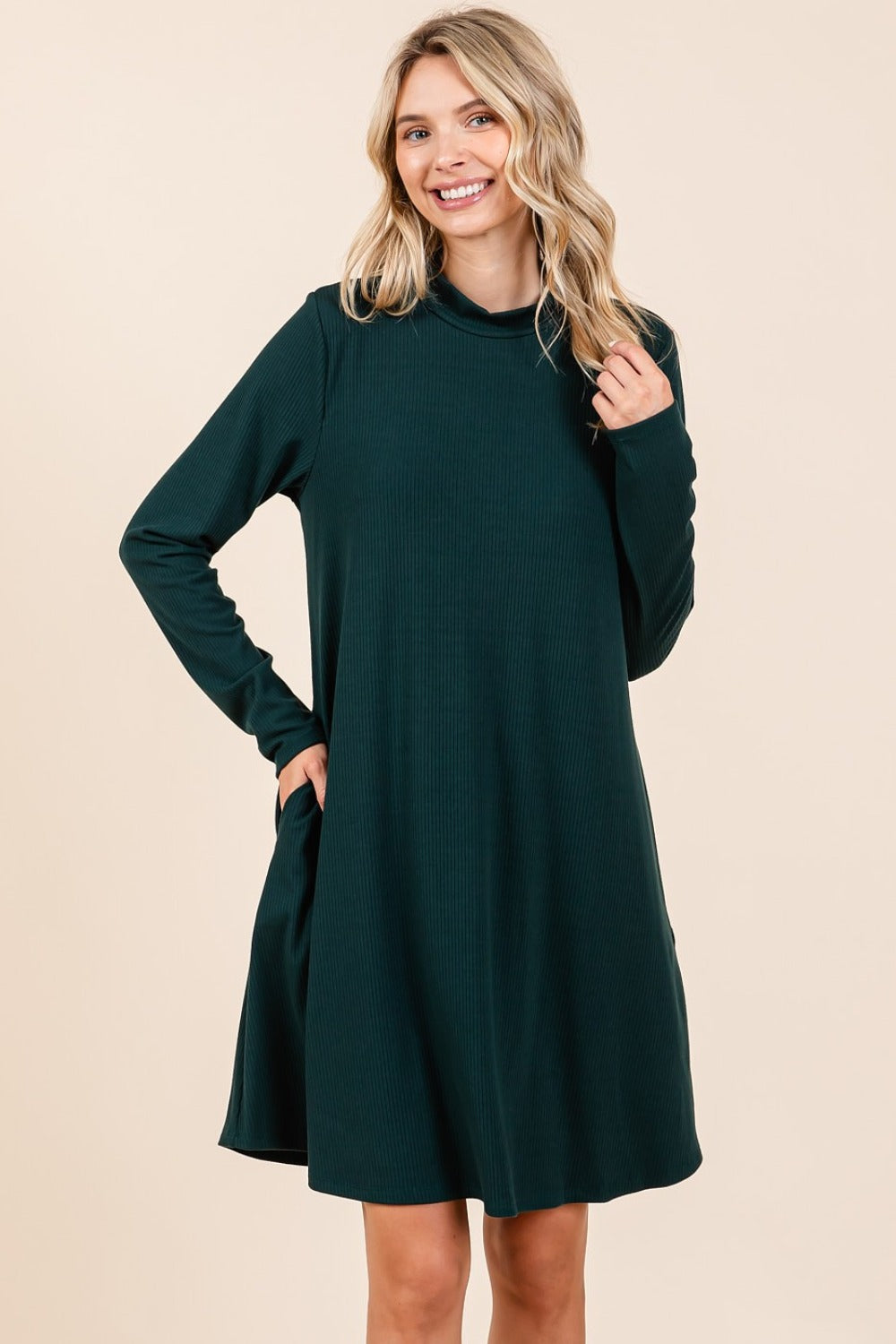 Black Casual Mock Neck Long Sleeve Dress with Pockets