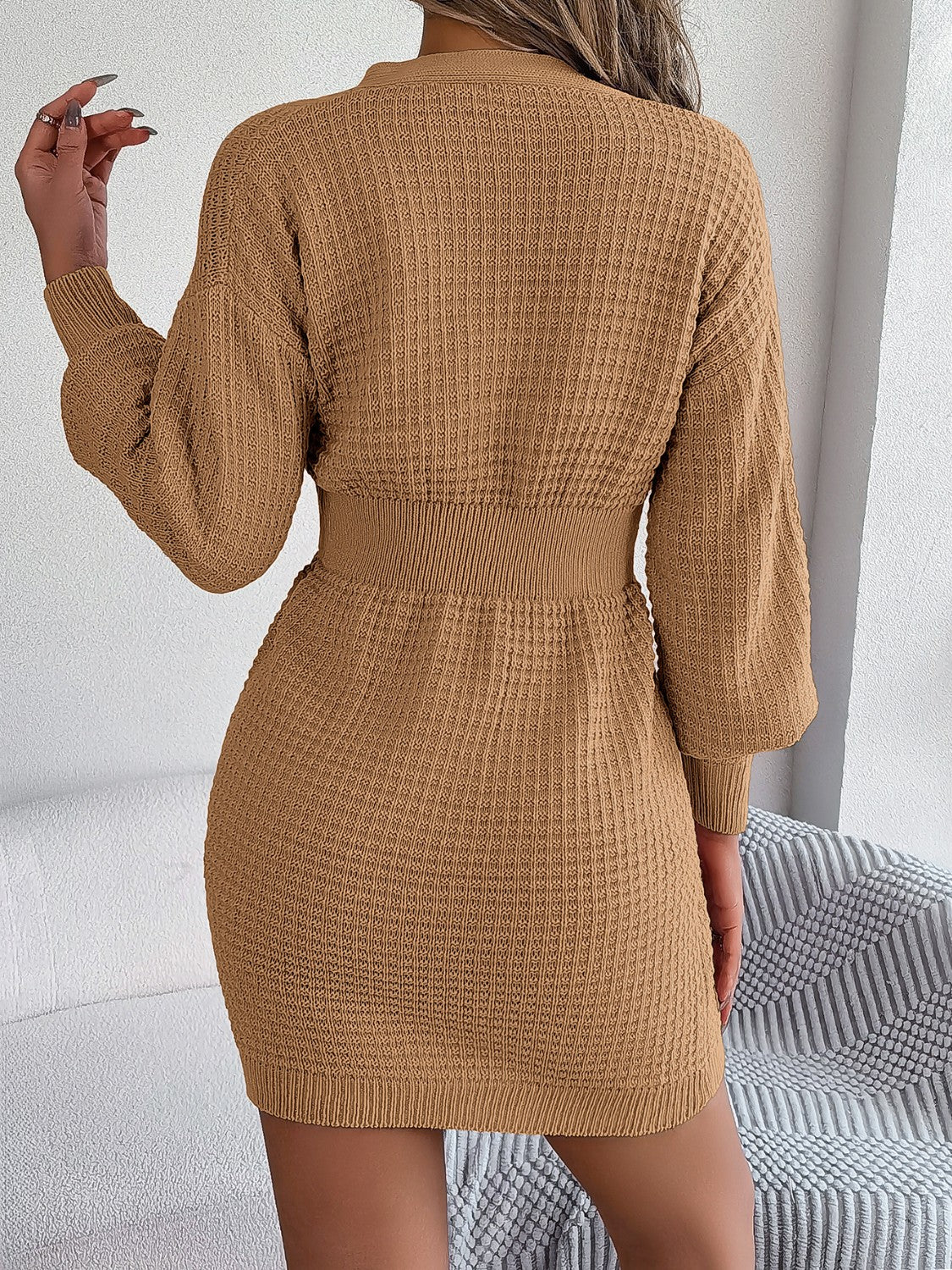 Classic Buttoned Cable-Knit V-Neck Sweater Dress