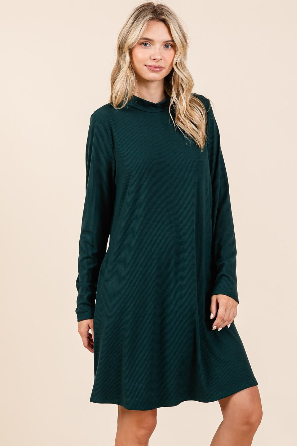 Black Casual Mock Neck Long Sleeve Dress with Pockets