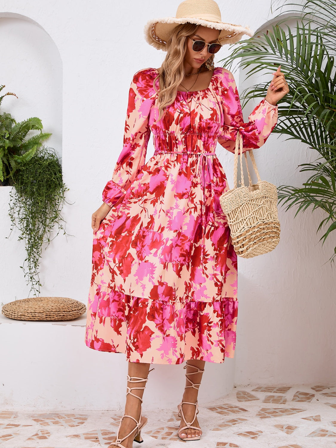 Happy Boho Printed Midi Dress with Long Sleeve