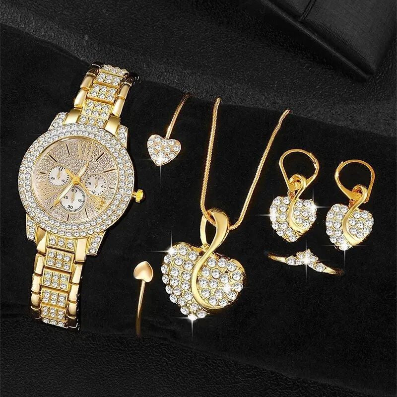 6 Piece Matching Gold Diamond Bracelet, Quartz Watch, Necklace, Ring, Earrings Set