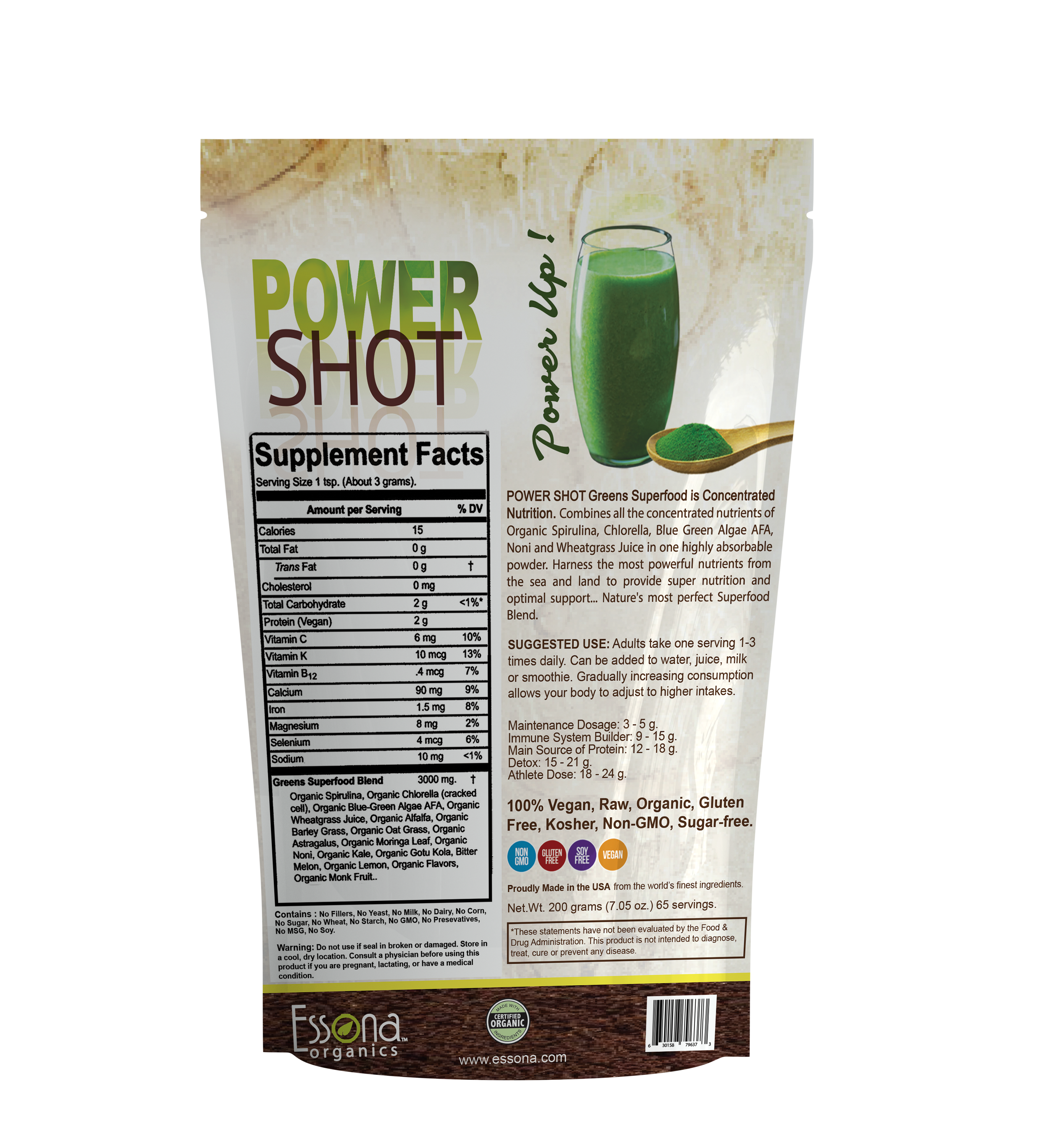 Power Shot Greens Superfood with Spirulina, Chlorella, Wheatgrass, Noni, Moringa, 10 More. (65 Servings).