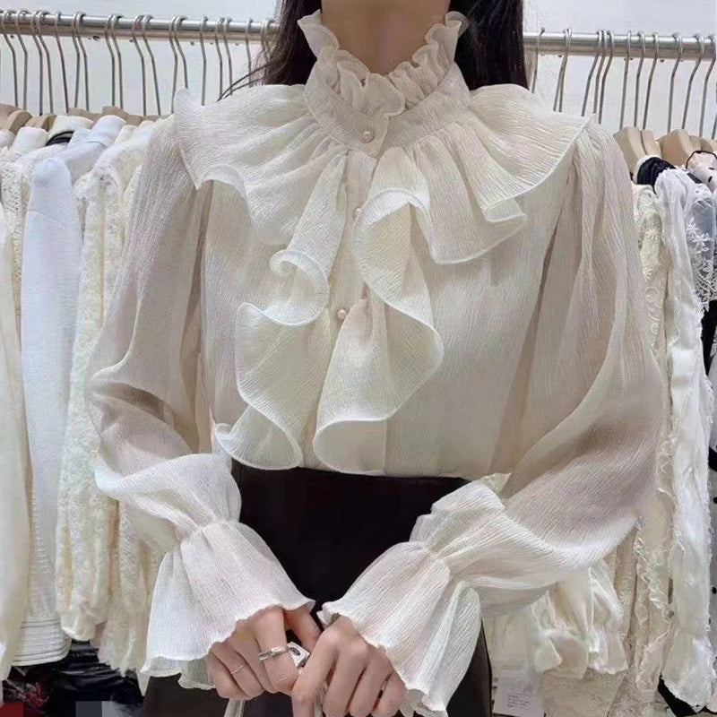 Romantic  Flare  Buttons Ruched  Ruffle Stand Collar Chiffon Shirt with  Long Sleeve