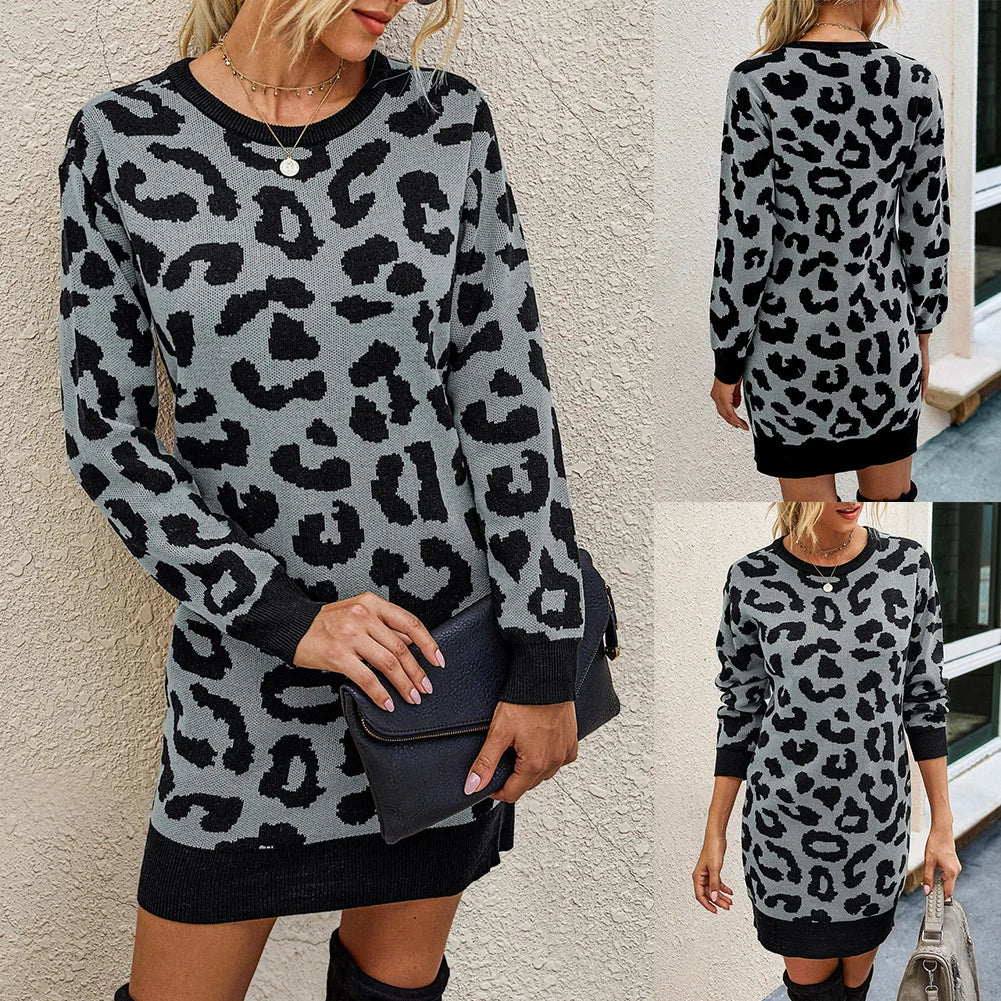 Leopard Print Knit Pullover Sweater Dress with Long Sleeve