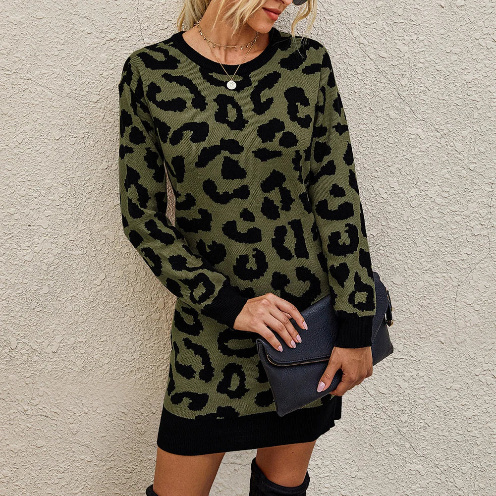 Leopard Print Knit Pullover Sweater Dress with Long Sleeve