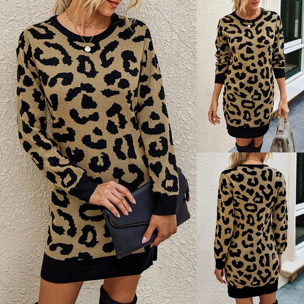 Leopard Print Knit Pullover Sweater Dress with Long Sleeve