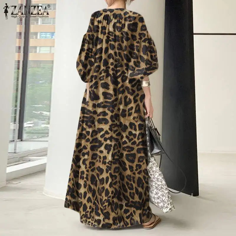 Trendy Touch Balloon Sleeve Leopard Print Maxi Dress