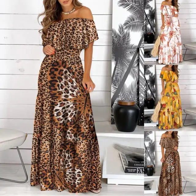 Saying Thing Off-The-Shoulder Leopard Butterfly Print Maxi Dress