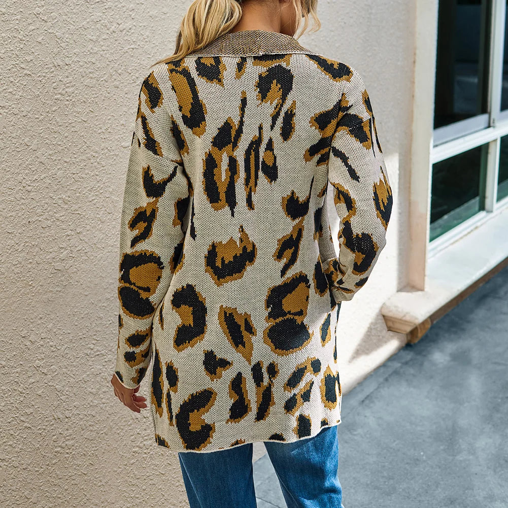 Leopard Print Knit Pullover Sweater Dress with Long Sleeve