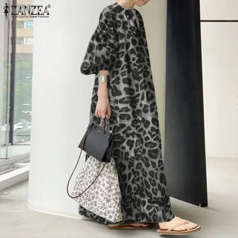 Trendy Touch Balloon Sleeve Leopard Print Maxi Dress