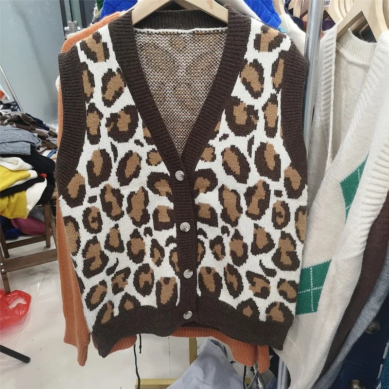 Vintage Animal Print V-neck Knitted Sweater Vest Top