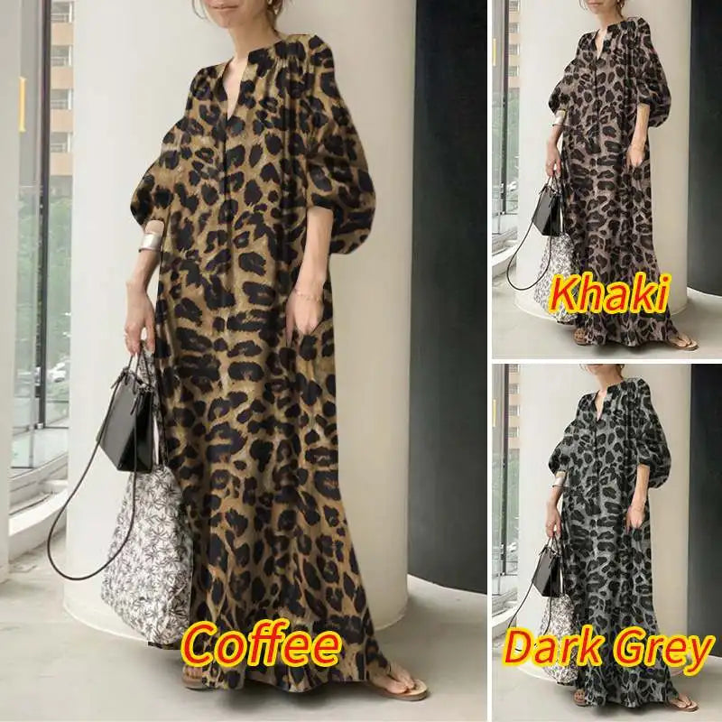 Trendy Touch Balloon Sleeve Leopard Print Maxi Dress