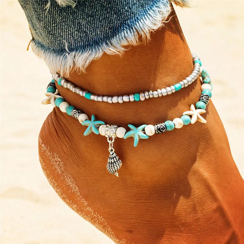 Sea Blue Mall Boho Turquoise Beachy Beads Seashells Charm Anklet. Seashells Charm Anklet. SeaBlueMall.com