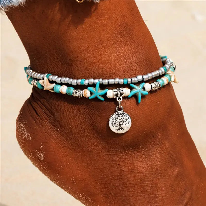 Sea Blue Mall Boho Turquoise Beachy Beads Seashells Charm Anklet. Seashells Charm Anklet. SeaBlueMall.com