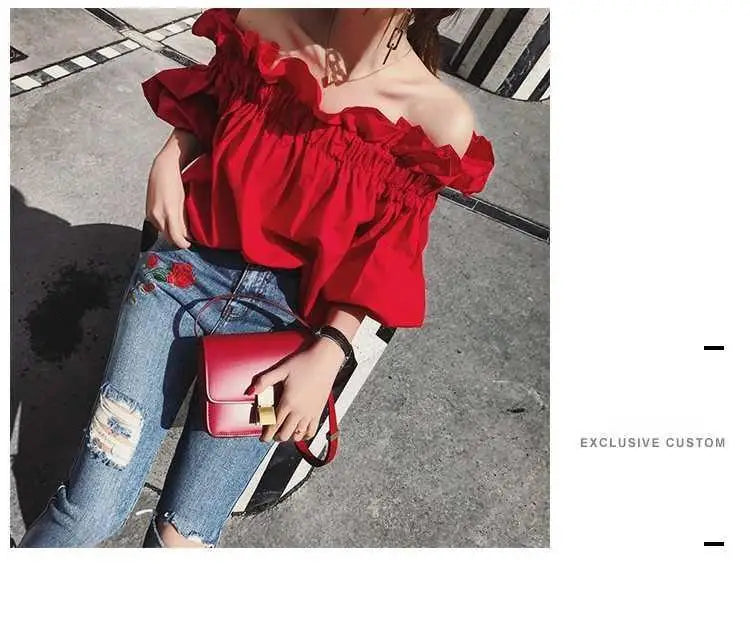 Red Chiffon  Ruffles Off-Shoulder  Blouse Top with  Puffy Sleeves