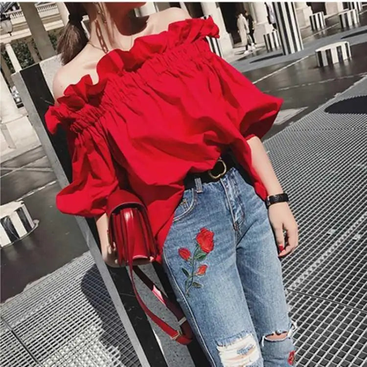 Red Chiffon  Ruffles Off-Shoulder  Blouse Top with  Puffy Sleeves