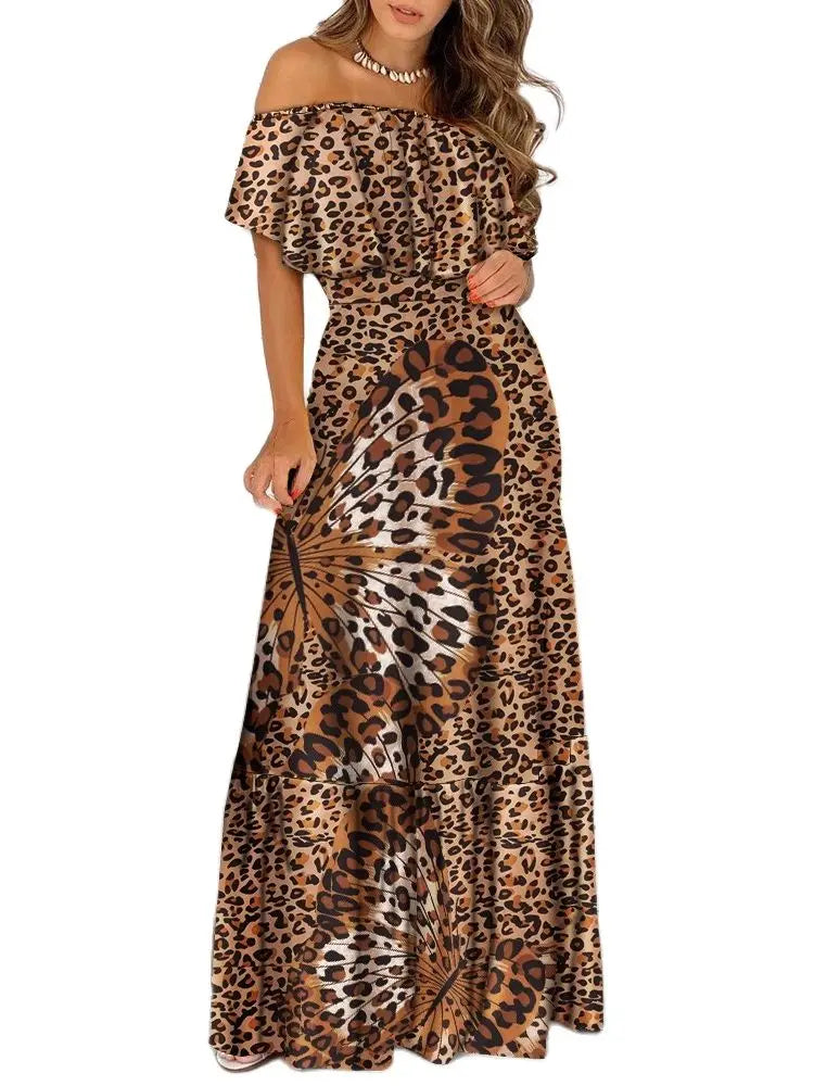 Saying Thing Off-The-Shoulder Leopard Butterfly Print Maxi Dress