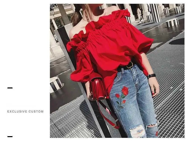 Red Chiffon  Ruffles Off-Shoulder  Blouse Top with  Puffy Sleeves