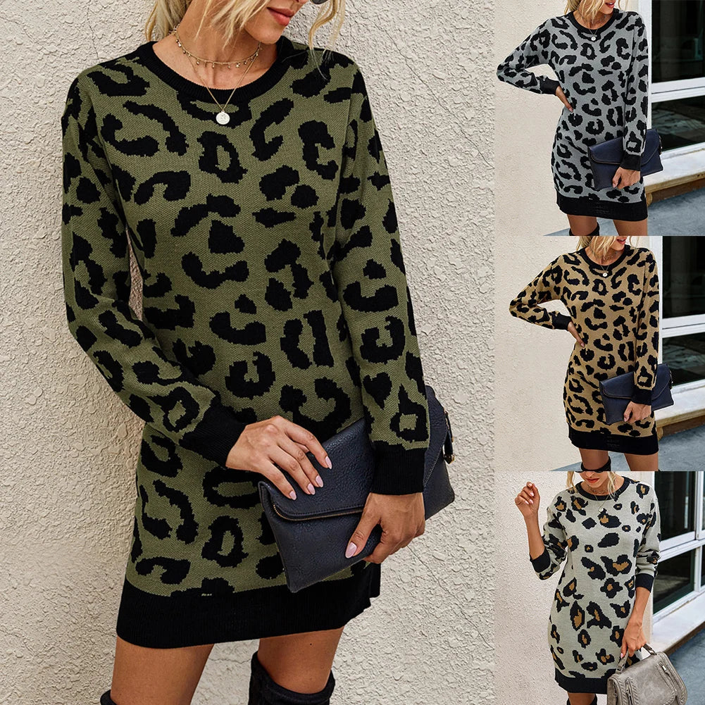 Leopard Print Knit Pullover Sweater Dress with Long Sleeve