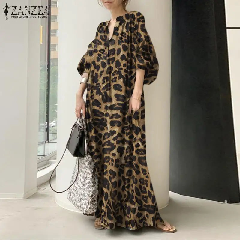 Trendy Touch Balloon Sleeve Leopard Print Maxi Dress