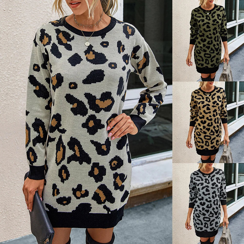 Leopard Print Knit Pullover Sweater Dress with Long Sleeve