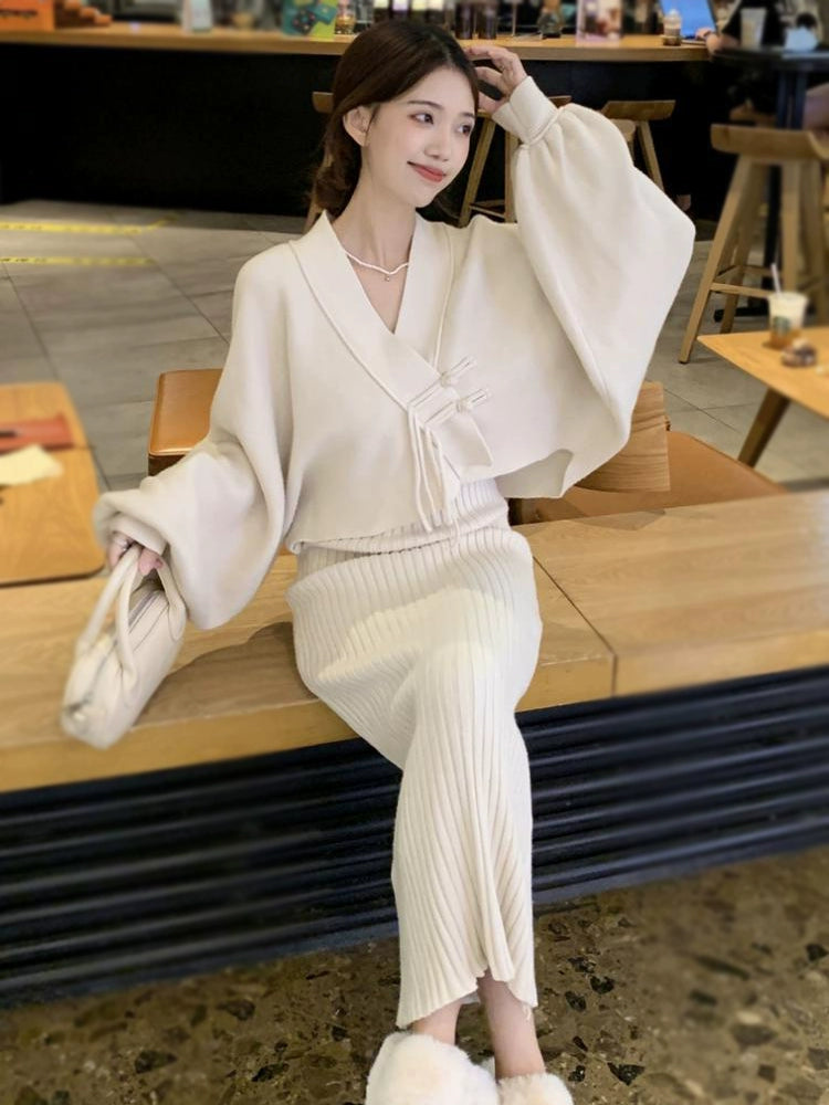 Elegant Knitted  Cashmere  Two-Piece Set with Cardigan& Dress