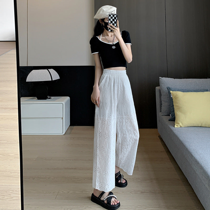 Embroidered White Trendy High Waist Loose Long Pants