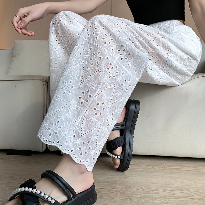 Embroidered White Trendy High Waist Loose Long Pants