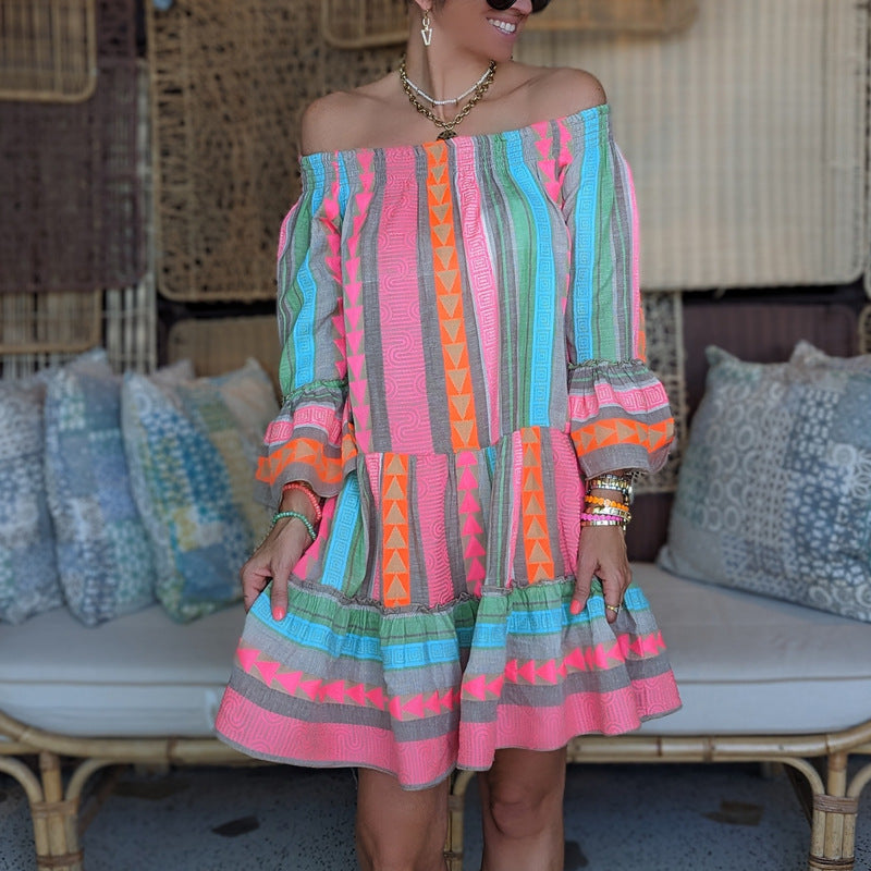 Vibrant Patchwork Ruffle Flared Sleeve Dress