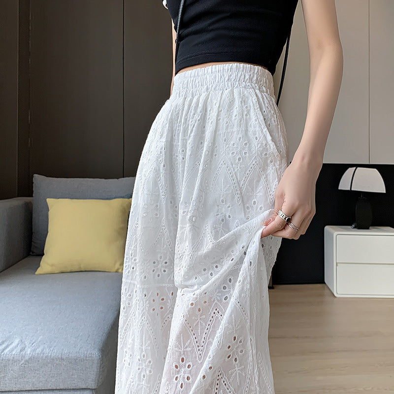 Embroidered White Trendy High Waist Loose Long Pants