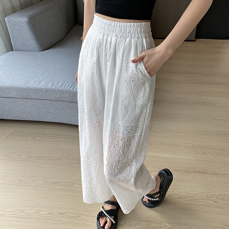 Embroidered White Trendy High Waist Loose Long Pants