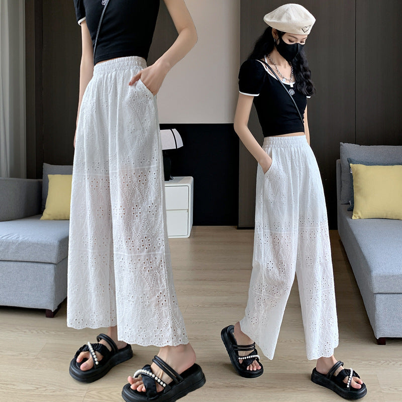 Embroidered White Trendy High Waist Loose Long Pants